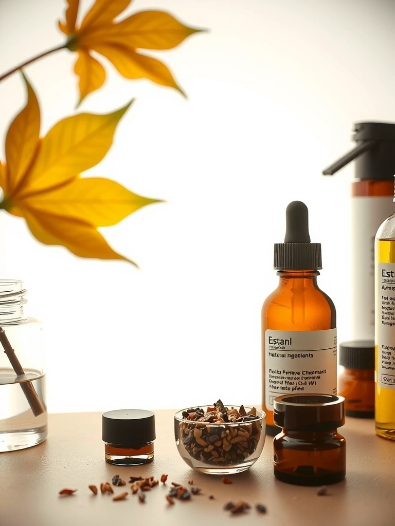 Natural ingredients laboratory setting with premium botanical extracts and essential oils arranged professionally