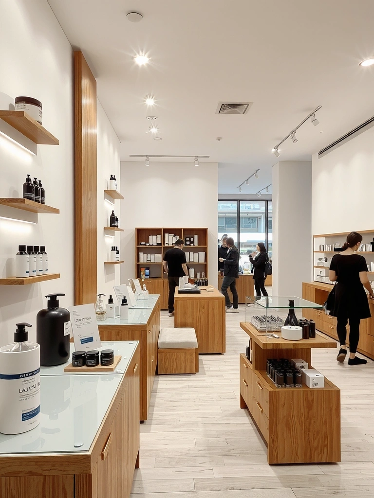 Premium Health & Beauty flagship store interior showing elegant retail space with natural products display