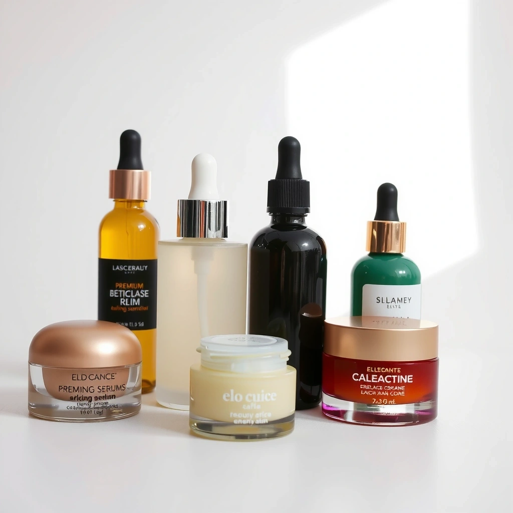 Elegant women's skincare products including serums, creams and natural beauty essentials